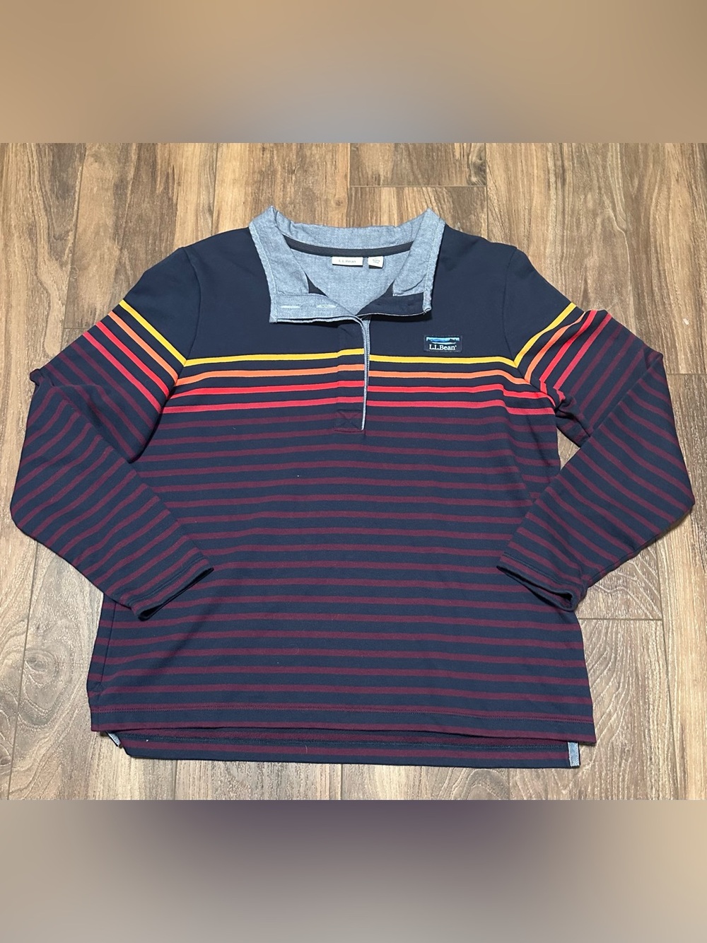 LL Bean Shirt Women L Pet Blue Red Rugby Henley Shirt Stripe Patch Logo Cotton
